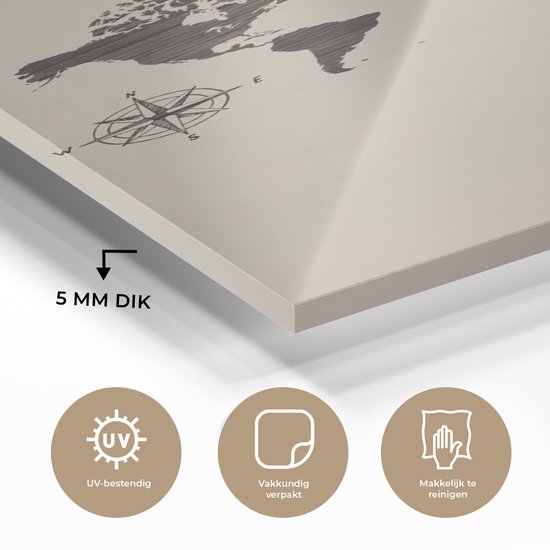Peinture sur Verre - Carte du Wereldkaart - Bois - Marron - 80x160 cm - Peintures sur Verre Peintures - Photo sur Glas