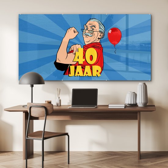 MuchoWow® Peinture sur verre 160x80 cm - Peinture sur verre acrylique - Anniversaire - 40 ans anniversaire homme - Blauw - Photo sur verre - Peintures