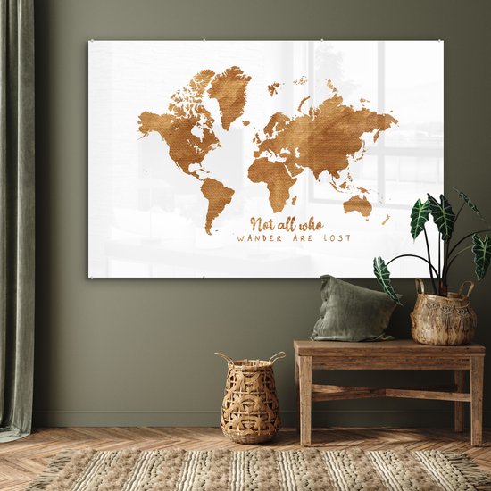 Peinture sur Verre - Carte du Wereldkaart - Bronze - Corde - 180x120 cm - Peintures sur Verre Peintures - Photo sur Glas