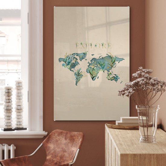 Tableau sur Verre - Carte du Wereldkaart - Turquoise - Plantes - 80x120 cm - Peintures sur Verre Peintures - Photo sur Glas
