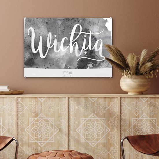 ® Glasschilderij 60x40 cm - Schilderij acrylglas - Een illustratie van de stad Wichita in Kansas met een kleurrijk kader - Foto op glas - Muurdecoratie woonkamer - Wanddecoratie slaapkamer - Schilderijen