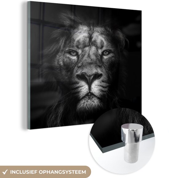 MuchoWow® Glasschilderij 50x50 cm - Schilderij acrylglas - Dieren - Leeuw - Roofdier - Zwart - Wit - Foto op glas - Schilderijen