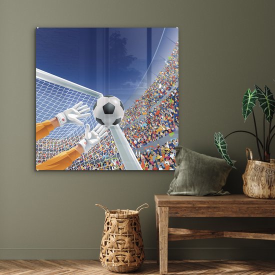 MuchoWow® Peinture sur verre - Une illustration d'un gardien de but arrêtant le football - Garçon - Filles - Enfant - 90x90 cm - Peintures sur verre acrylique - Photo sur Glas