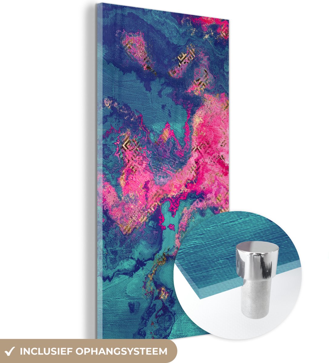 ® Glasschilderij 60x120 cm - Schilderij acrylglas - Marmer - Verf - Roze - Blauw - Foto op glas - Muurdecoratie woonkamer - Wanddecoratie slaapkamer - Schilderijen