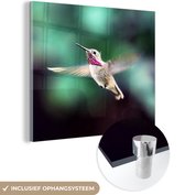 MuchoWow® Glasschilderij 90x90 cm - Schilderij acrylglas - Kolibrie - Vogel - Zwart - Foto op glas - Schilderijen