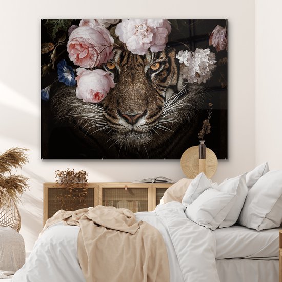 Peinture sur Verre - Tigre - Fleurs - Roses - 160x120 cm - Peintures sur Verre Peintures - Photo sur Glas