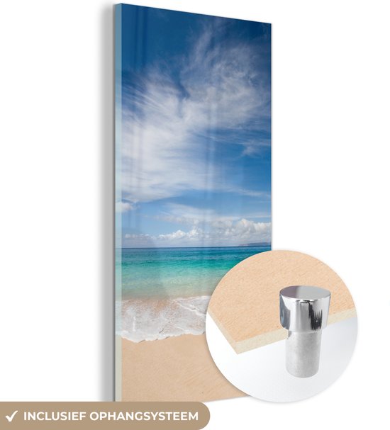 MuchoWow® Peinture sur verre 80x160 cm - Peinture sur verre acrylique - Une plage tropicale à Hawaï où les vagues s'échouent - Photo sur verre - Peintures