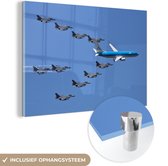 MuchoWow® Glasschilderij 150x100 cm - Schilderij acrylglas - Personenvliegtuig met escorte van straaljagers - Foto op glas - Schilderijen