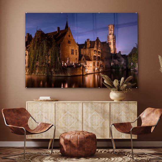 ® Glasschilderij 180x120 cm - Schilderij acrylglas - De Rozenhoedkaai en de Belfort van Brugge in de avond - Foto op glas - Muurdecoratie woonkamer - Wanddecoratie slaapkamer - Schilderijen