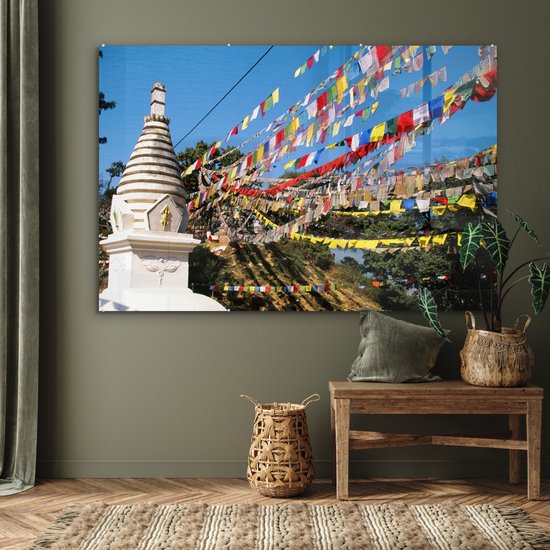 MuchoWow® Peinture sur Verre - Drapeaux de Prière au Stupa de Swayambhunath au Népal - 180x120 cm - Peintures sur Verre Peintures - Photo sur Glas