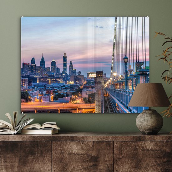 Le coucher de soleil de Philadelphie aux Etats-Unis vu du pont Benjamin Franklin Plexiglas 80x60 cm - Tirage photo sur Glas (décoration murale en plexiglas)