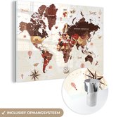 Peinture sur Verre - Carte du Wereldkaart - Marron - Rouge - 120x80 cm - Peintures Plexiglas