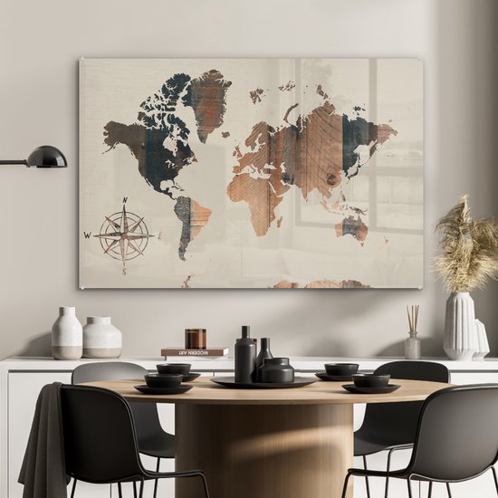 Peinture sur Verre - Carte du Wereldkaart - Planche de Bois - Rose des Vents - 120x80 cm - Peintures sur Verre Peintures - Photo sur Glas