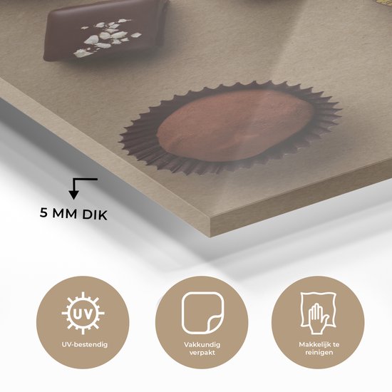 MuchoWow® Peinture sur verre 60x80 cm - Peinture sur verre acrylique - Chocolats sur fond marron - Photo sur verre - Peintures