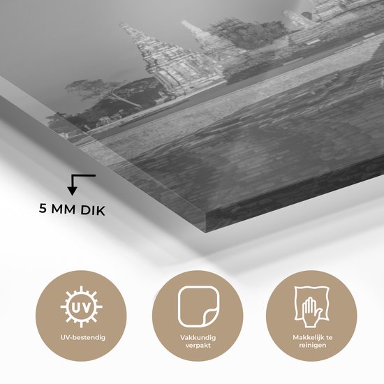 MuchoWow® Peinture sur verre 90x90 cm - Peinture sur verre - Tours Wat Chaiwatthanaram, Thaïlande - Zwart- Wit - Photo sur verre acrylique - Peintures