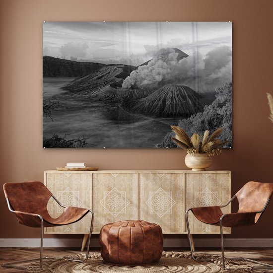 MuchoWow® Peinture sur verre 180x120 cm - Peinture sur verre acrylique - Indonésie - Volcan - Zwart - Wit - Photo sur verre - Peintures