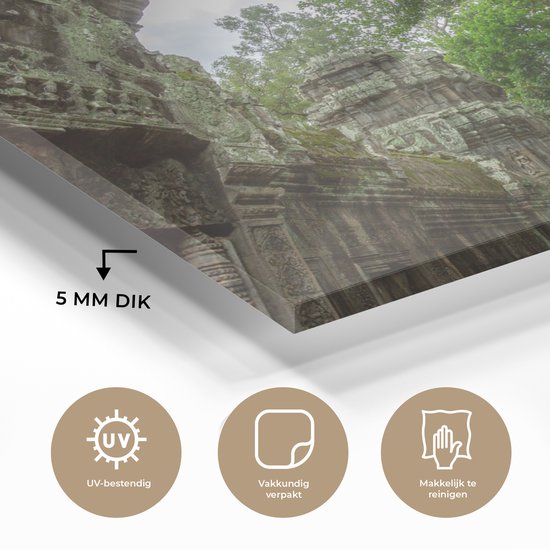 Peinture sur verre MuchoWow® 90x60 cm - Peinture acrylique sur verre - Temple Ta Prohm envahi par la végétation au Cambodge - Photo sur verre - Peintures