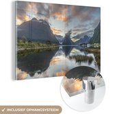 MuchoWow® Glasschilderij 120x80 cm - Schilderij acrylglas - Zonsondergang boven een meer in Nieuw-Zeeland - Foto op glas - Schilderijen