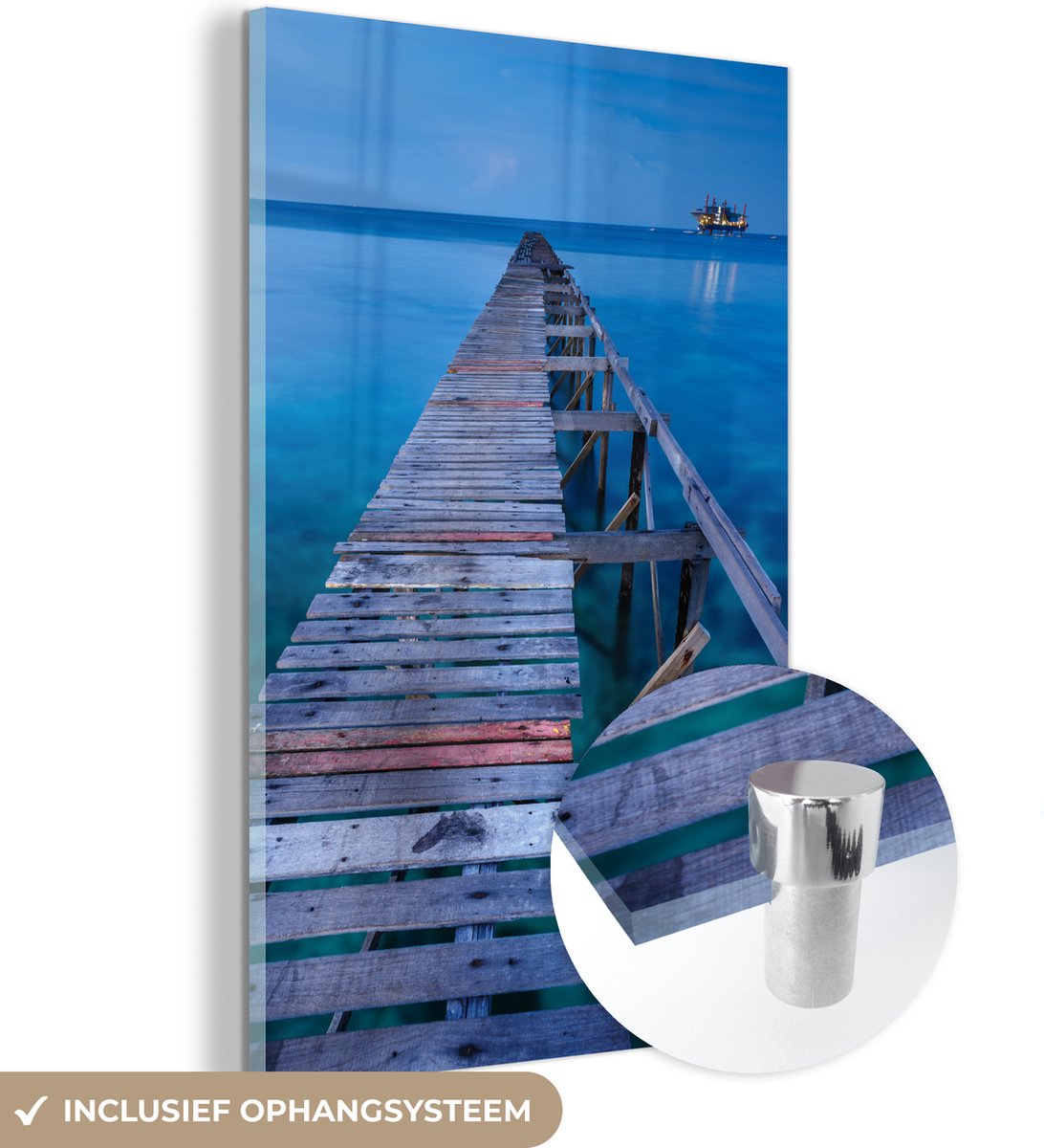 ® Glasschilderij 80x120 cm - Schilderij acrylglas - Steiger over de zee met uitzicht op het eiland Sipadan in Maleisië - Foto op glas - Muurdecoratie woonkamer - Wanddecoratie slaapkamer - Schilderijen