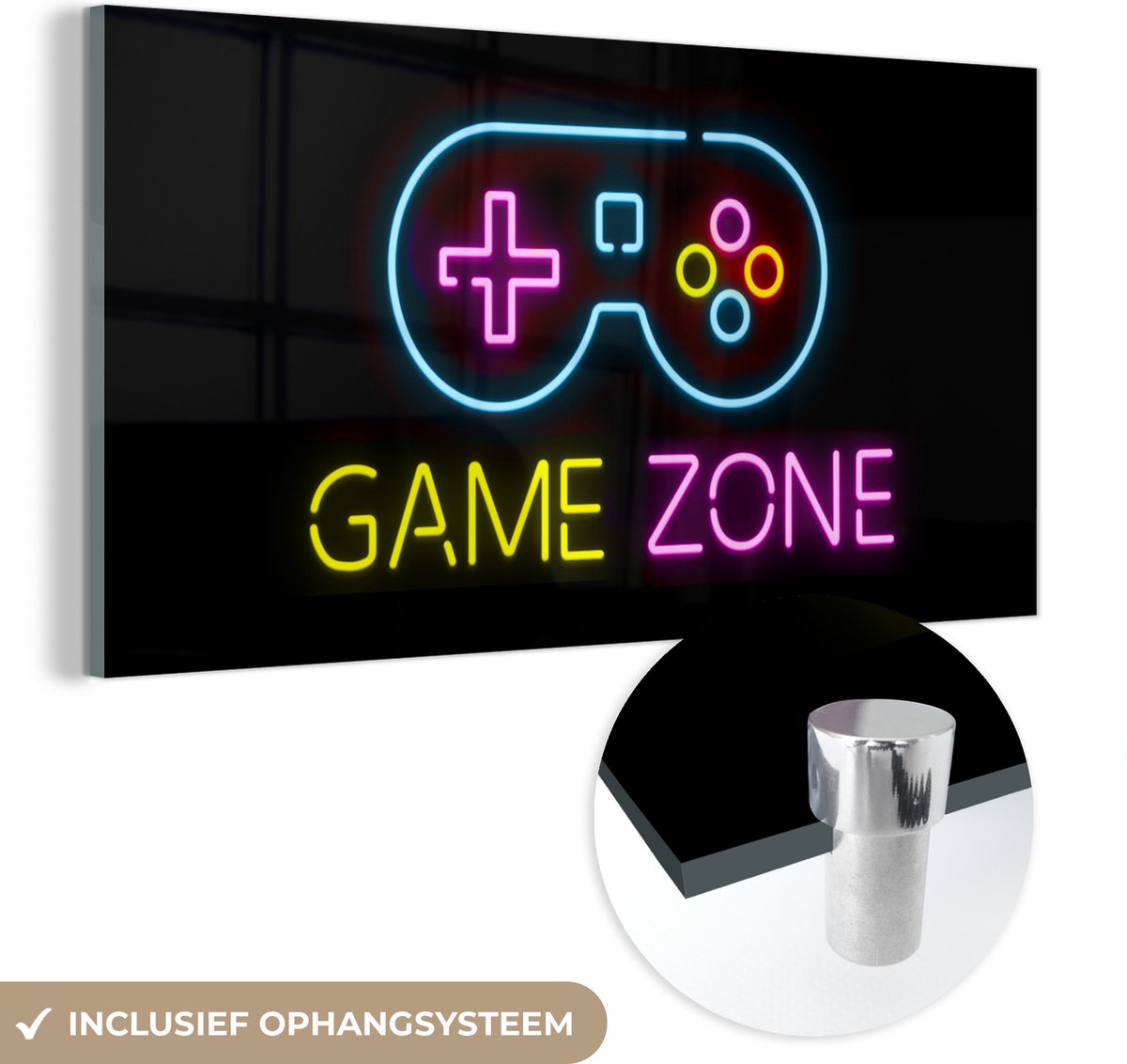 MuchoWow® Glasschilderij 40x20 cm - Schilderij acrylglas - Controller - Game - Neon - Zwart - Quotes - Game zone - Foto op glas - Schilderijen