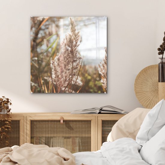 MuchoWow® Peinture sur verre 50x50 cm - Peinture sur verre acrylique - Roseau - Soleil - Plante - Photo sur verre - Peintures