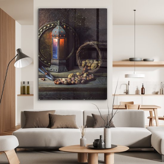 MuchoWow® Peinture sur verre 120x160 cm - Peinture sur verre acrylique - Boek - Nature morte - Noyer - Lanterne - Vintage - Photo sur verre - Peintures