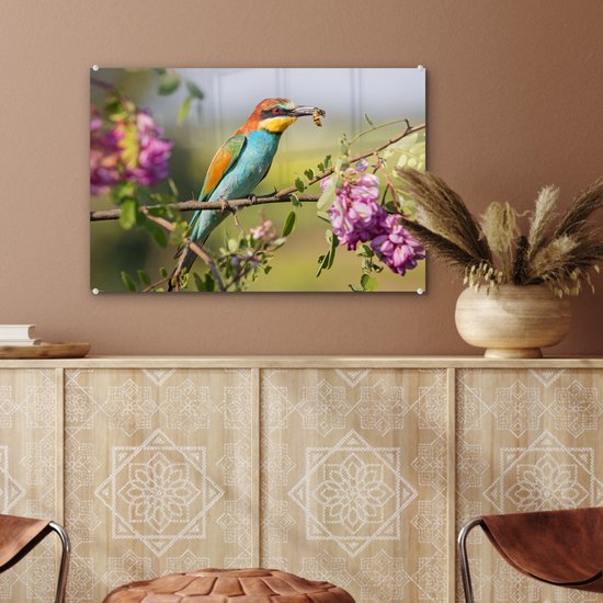 MuchoWow® Peinture sur verre 60x40 cm - Peinture sur verre acrylique - Vogel - Guêpier - Fleurs - Photo sur verre - Peintures