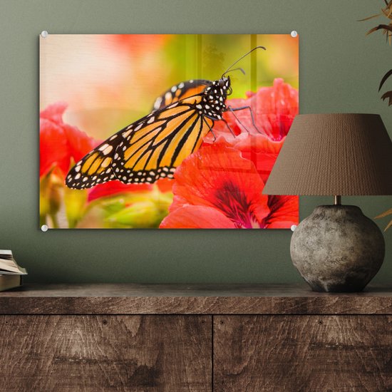 MuchoWow® Peinture sur verre 40x30 cm - Peinture acrylique sur verre - Fleurs - Papillons - Monarque - Photo sur verre - Peintures