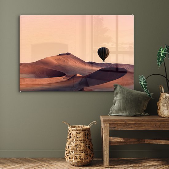 ® Glasschilderij 90x60 cm - Schilderij acrylglas - De zand duinen in het Namibische Namib-Naukluft park terwijl de zon ondergaat - Foto op glas - Muurdecoratie woonkamer - Wanddecoratie slaapkamer - Schilderijen