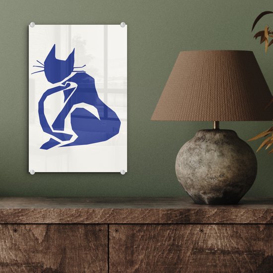 MuchoWow® Peinture sur verre 20x30 cm - Peinture sur verre acrylique - Chat - Animaux domestiques - Blauw - Matisse - Photo sur verre - Peintures