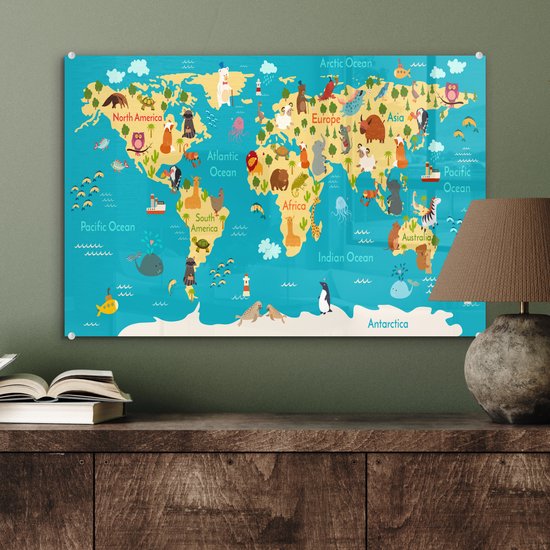 MuchoWow® Tableau sur verre 60x40 cm - Tableau sur verre acrylique - Wereldkaart - Enfants - Animaux - Jaune - Blauw - Garçons - Filles - Photo sur verre - Décoration murale salon - Décoration murale chambre - Peintures