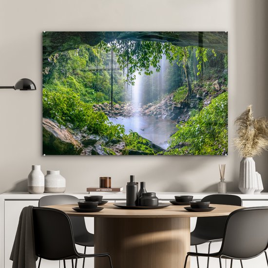 MuchoWow® Peinture sur verre 90x60 cm - Peinture sur verre acrylique - Jungle - Forêt tropicale - Water - Cascade - Plantes - Photo sur verre - Peintures
