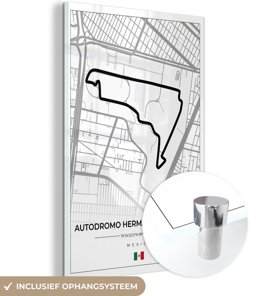 MuchoWow® Glasschilderij 60x90 cm - Schilderij acrylglas - Mexico - Circuit - Autodromo Hermanos Rodriguez - Formule 1 - Racing - Wit - Foto op glas - Schilderijen