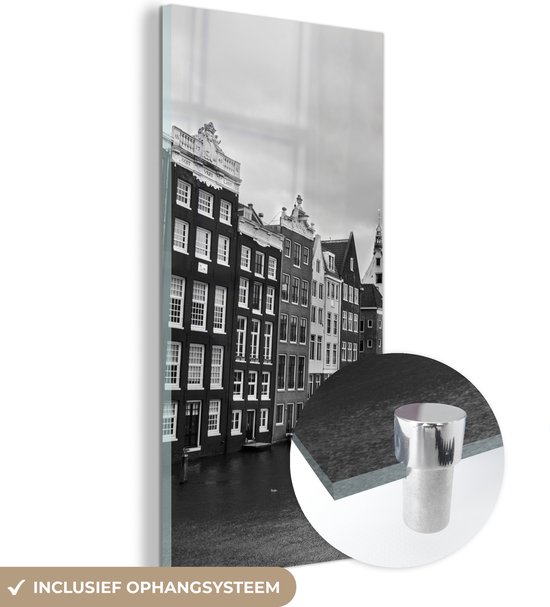 Glasschilderij - Amsterdamse grachten zwart-wit fotoprint - Acrylglas Schilderijen - Foto op Glas
