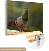 MuchoWow® Glasschilderij 120x90 cm - Schilderij acrylglas - Duif - Vogel - Hout - Foto op glas - Schilderijen