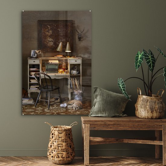 MuchoWow® Peinture sur Verre - Machine à écrire Vintage sur un Bureau Blanc - 60x90 cm - Peintures sur Verre Peintures - Photo sur Glas