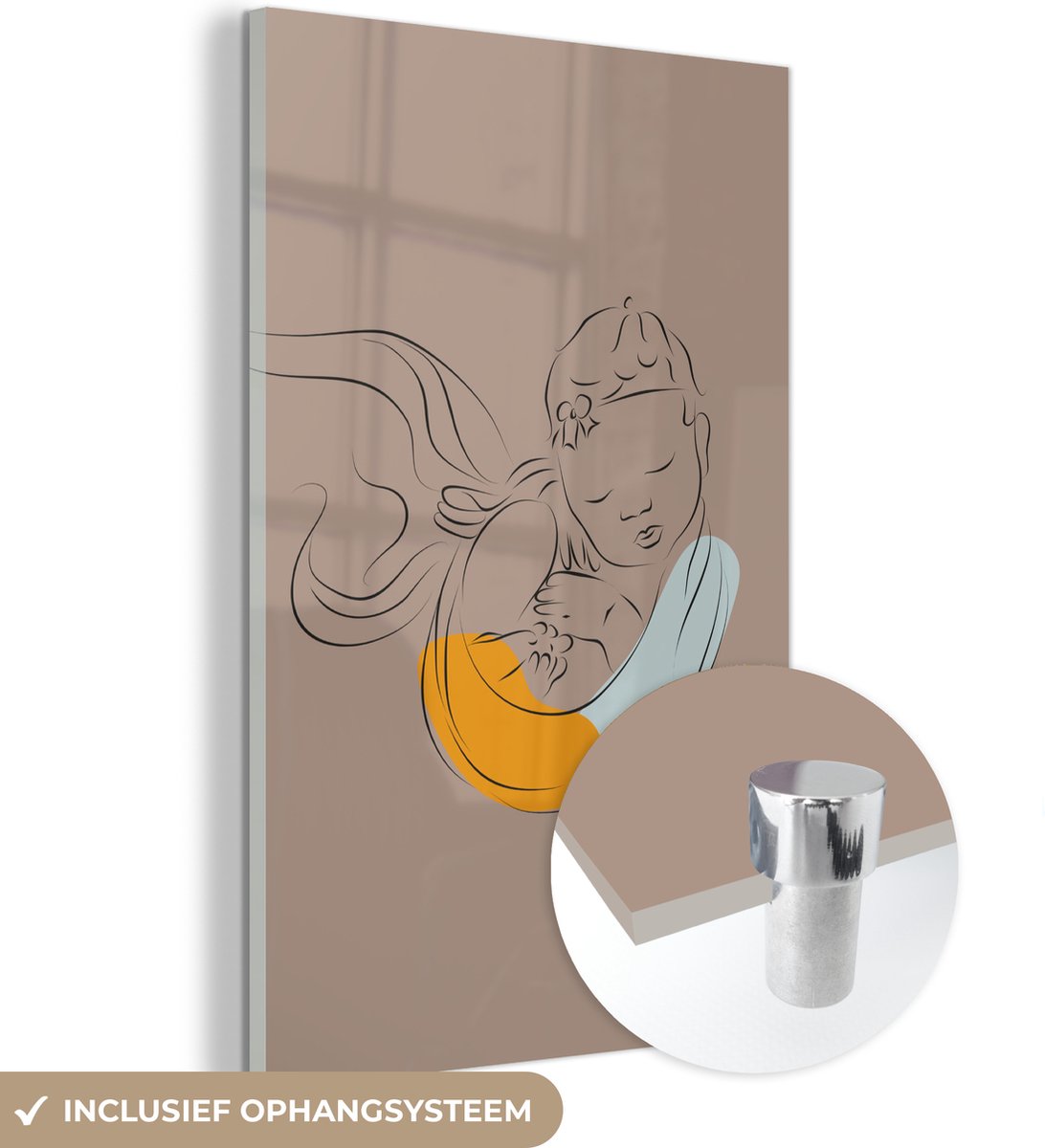 ® Glasschilderij 20x30 cm - Schilderij acrylglas - Baby - Abstract - Line art - Foto op glas - Muurdecoratie woonkamer - Wanddecoratie slaapkamer - Schilderijen