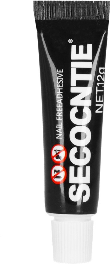 Tube met "SECOCNNTIE NAIL FREE ADHESIVE" erop, inhoud 12g, met een witte dop.