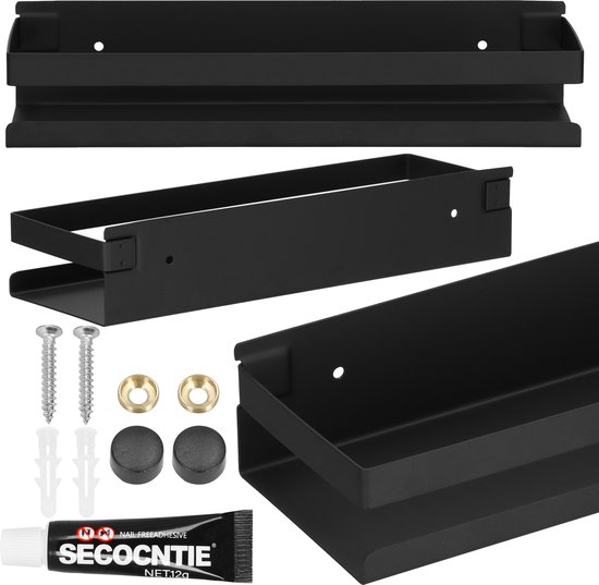 Collage van een zwarte metalen doucheplank, een losse plank en installatiemateriaal met lijm.