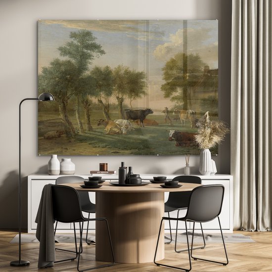 MuchoWow® Peinture sur verre 160x120 cm - Peinture sur verre acrylique - Vaches dans le pré dans une ferme - Peinture de Paulus Potter - Photo sur verre - Peintures