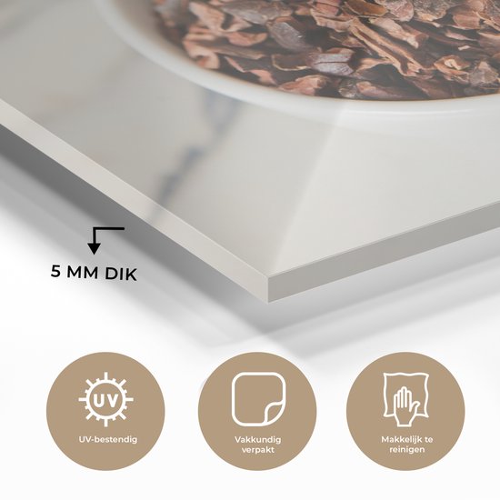 MuchoWow® Peinture sur verre 150x100 cm - Peinture sur verre acrylique - Fèves de cacao moulues dans une tasse en céramique sur une table en marbre - Photo sur verre - Peintures