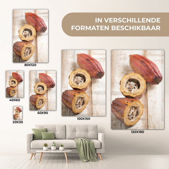 Peinture sur verre MuchoWow® - La coque de la gousse en deux avec les fèves de cacao au milieu - 100x150 cm - Peintures sur verre acrylique - Photo sur Glas