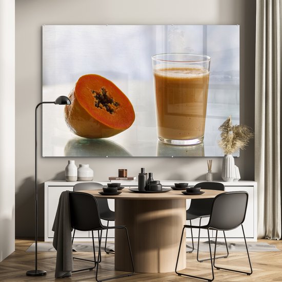 ® Glasschilderij 150x100 cm - Schilderij acrylglas - Papajasmoothie gemaakt van een stuk papaja fruit - Foto op glas - Muurdecoratie woonkamer - Wanddecoratie slaapkamer - Schilderijen