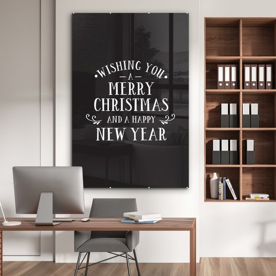 ® Glasschilderij 120x180 cm - Schilderij acrylglas - Kerst quote Wishing you a merry Christmas tegen een zwarte achtergrond - Foto op glas - Muurdecoratie woonkamer - Wanddecoratie slaapkamer - Schilderijen