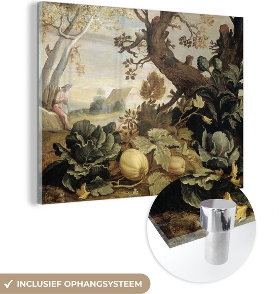 MuchoWow® Peinture sur verre 40x30 cm - Peinture sur verre - Paysage avec légumes et fruits au premier plan - Abraham Bloemaert - Art - Vintage - Photo sur verre acrylique - Peintures