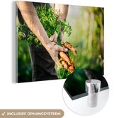 MuchoWow® Glasschilderij 180x120 cm - Schilderij acrylglas - Close-up van een boer die groente oogst - Foto op glas - Schilderijen