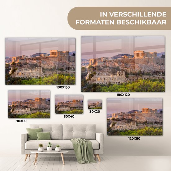 ® Glasschilderij 180x120 cm - Schilderij acrylglas - Tempel - Griekenland - Berg - Foto op glas - Muurdecoratie woonkamer - Wanddecoratie slaapkamer - Schilderijen