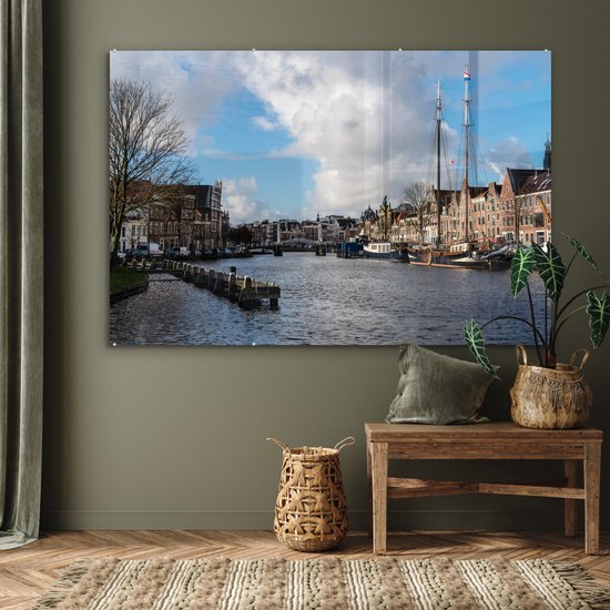 ® Glasschilderij 150x100 cm - Schilderij acrylglas - Brug - Haarlem - Centrum - Foto op glas - Muurdecoratie woonkamer - Wanddecoratie slaapkamer - Schilderijen