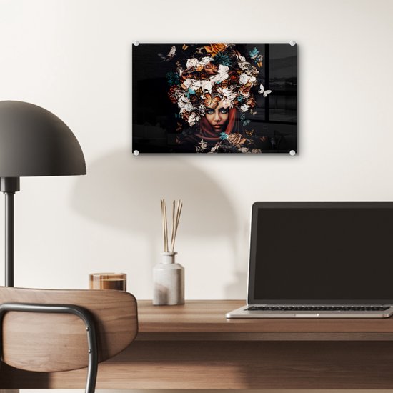 MuchoWow® Peinture sur Verre - Fleurs - Papillon - Femmes - Foulard - 30x20 cm - Peintures sur Verre Peintures - Photo sur Glas