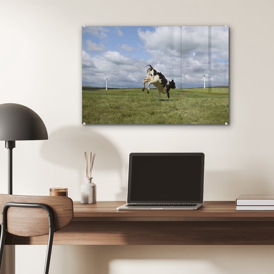 MuchoWow® Peinture sur verre - Vache - Moulin à vent - Nuages ​​- 60x40 cm - Peintures sur verre acrylique - Photo sur Glas